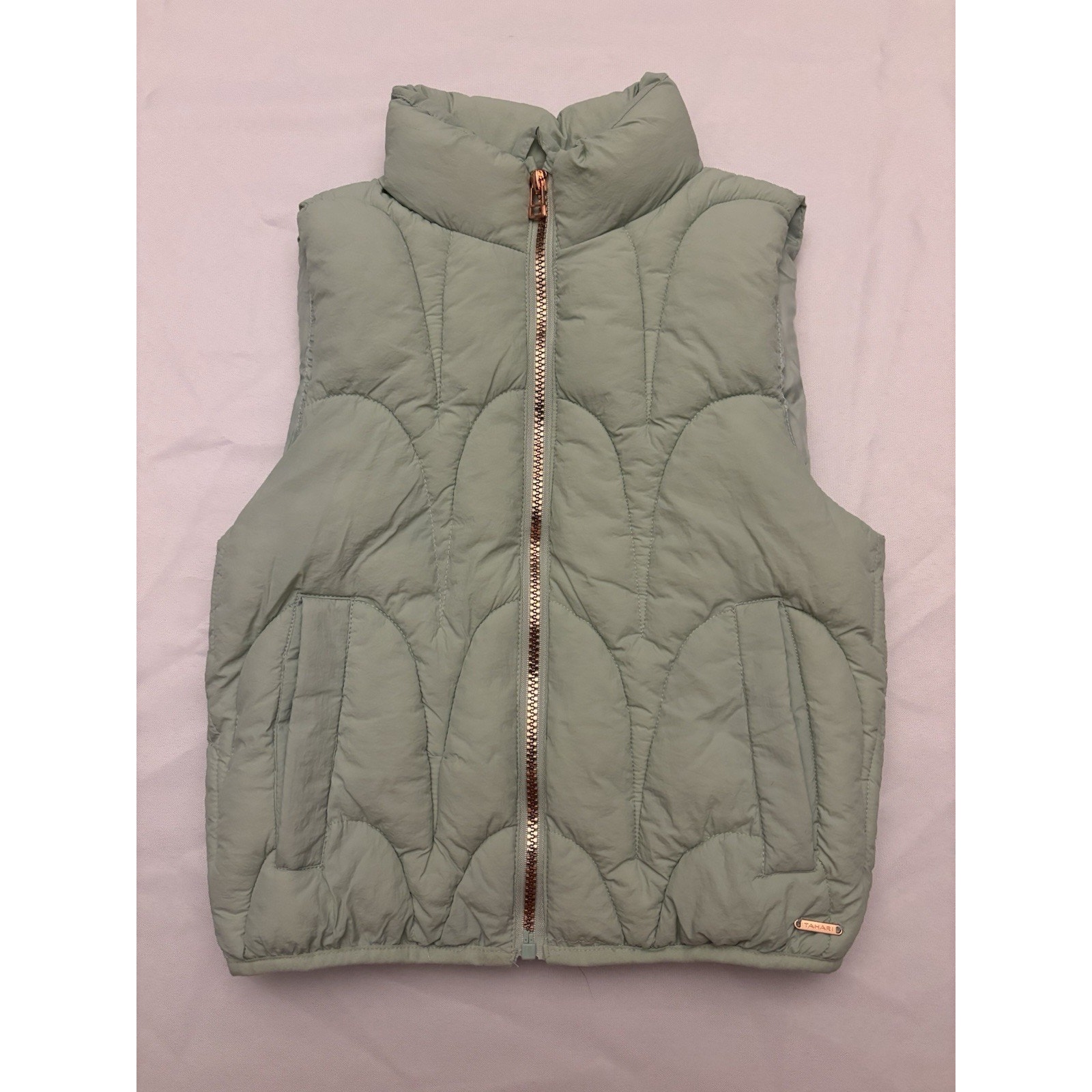 Tahari Kids Quilted Puffer Vest Mint Green Rose Gold Zip Front Size 7/8